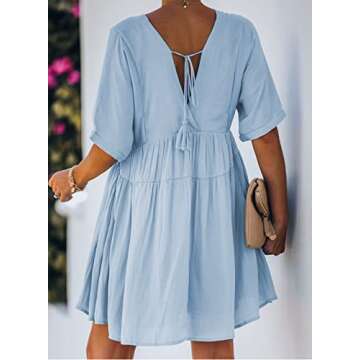 TIKSAWON Womens Babydoll Dress for Women Summer V Neck Short Sleeve Loose Flowy Swing Ruffle Shift Dress Blue M