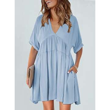 TIKSAWON Womens Babydoll Dress for Women Summer V Neck Short Sleeve Loose Flowy Swing Ruffle Shift Dress Blue M