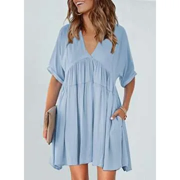 TIKSAWON Womens Babydoll Dress for Women Summer V Neck Short Sleeve Loose Flowy Swing Ruffle Shift Dress Blue M