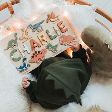 Name Puzzle with Dinosaurs Personalized Wooden Name Puzzle Wooden Toys Custom Name Puzzle by BusyPuz...