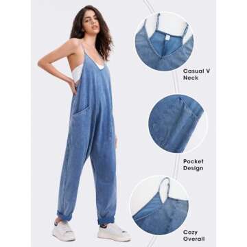 EXLURA Womens Casual Summer Jumpsuits 2025 Romper Bib Outfits Adjustable Straps Denim Overalls with Pockets