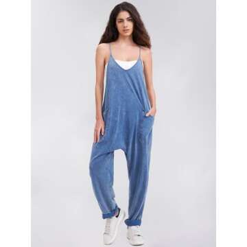 EXLURA Womens Casual Summer Jumpsuits 2025 Romper Bib Outfits Adjustable Straps Denim Overalls with Pockets