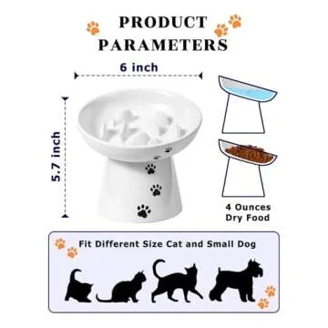 Y YHY Pet Feeder, Ceramic Cat Slow Feeder Bowl, 6 Inches, Elevated, Anti Vomiting for Dry and Wet Food, White