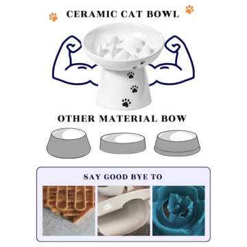 Y YHY Pet Feeder, Ceramic Cat Slow Feeder Bowl, 6 Inches, Elevated, Anti Vomiting for Dry and Wet Food, White