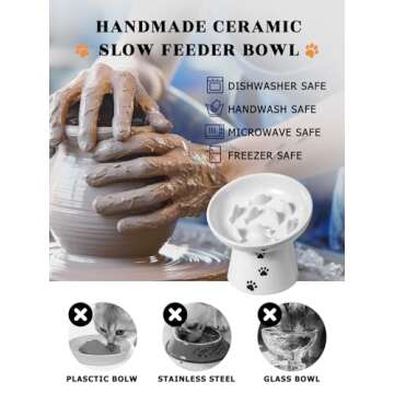 Y YHY Pet Feeder, Ceramic Cat Slow Feeder Bowl, 6 Inches, Elevated, Anti Vomiting for Dry and Wet Food, White