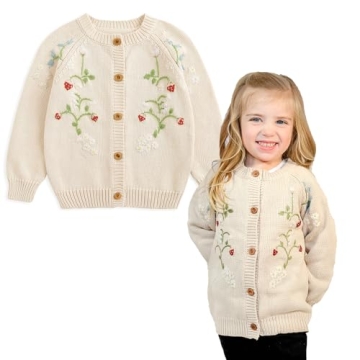 Simplee kids Baby Sweater Toddler Girls Cardigan Sweater Embroidered Strawberry Knit Sweater Beige 6...
