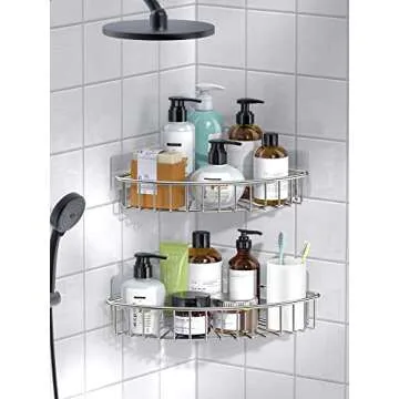 SMARTAKE 2-Pack Corner Shower Caddy, SUS304 Stainless Steel, Wall Mounted Bathroom Shelf with Adhesive, Storage Organizer for Toilet, Dorm and Kitchen (Silver)