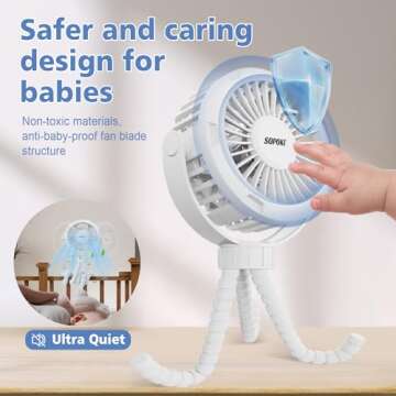 SOPOKE Mini Portable Baby Stroller Fan,3 Speed Personal Handheld Fan,Battery Operated Rechargeable 360° Flexible Tripod Cooling Fan, Suitable for Car Seat Crib Treadmill Golf Cart Travel(White)