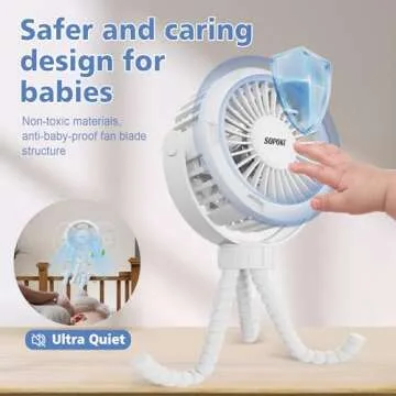 SOPOKE Mini Portable Baby Stroller Fan,3 Speed Personal Handheld Fan,Battery Operated Rechargeable 360° Flexible Tripod Cooling Fan, Suitable for Car Seat Crib Treadmill Golf Cart Travel(White)