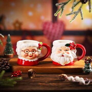 Willinglong 2 Pcs Vintage Santa Mugs Santa Claus Mugs Ceramic Mugs Christmas Couple Mugs Vintage Camping Coffee Tea Cups for Couples Christmas Red and White Gifts Home Holidays Party Supplies