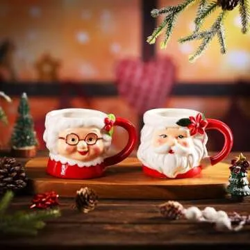 Willinglong 2 Pcs Vintage Santa Mugs Santa Claus Mugs Ceramic Mugs Christmas Couple Mugs Vintage Camping Coffee Tea Cups for Couples Christmas Red and White Gifts Home Holidays Party Supplies