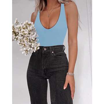 SAUNGKUAI Women’s Bodysuit Sexy Plunge Deep V Neck Backless Sleeveless Tank Thong Body Suits Outfits for Going Out Pale Blue L
