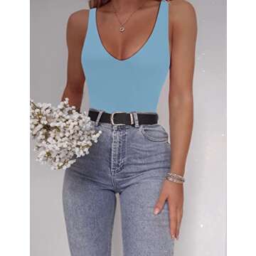 SAUNGKUAI Women’s Bodysuit Sexy Plunge Deep V Neck Backless Sleeveless Tank Thong Body Suits Outfits for Going Out Pale Blue L