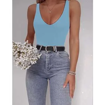 SAUNGKUAI Women’s Bodysuit Sexy Plunge Deep V Neck Backless Sleeveless Tank Thong Body Suits Outfits for Going Out Pale Blue L
