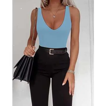 SAUNGKUAI Women’s Bodysuit Sexy Plunge Deep V Neck Backless Sleeveless Tank Thong Body Suits Outfits for Going Out Pale Blue L