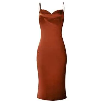 xxxiticat Women's Sleeveless Spaghetti Strap Satin Dress Cocktail Beach Evening Party Cowl Neck Dot Leopard Midi Dresses(BR,S)