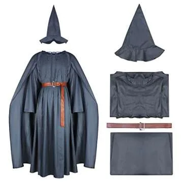 EDAUWAE Pagan Tunic Costume Wizard Cloak Robe Cosplay Grey Robe Hat Full Set Outfits for Adult