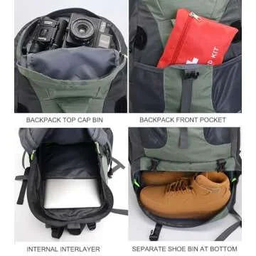 Bseash 50L Hiking Backpack, Water Resistant Lightweight Outdoor Sport Daypack Travel Bag for Camping Climbing Skiing Cycling (Army Green - With Shoe Compartment)