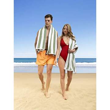 American Soft Linen Beach Towel, Cabana Striped 100% Cotton Pool Towels, 30x60 in Oversized Beach Towels, Soft Absorbent Sand Free Swim Towels, Sage Green