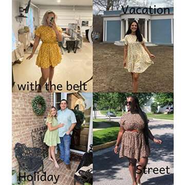 Chuanqi Womens Ruffles Boho Floral Printed Babydoll Loose Swing Casual Short Mini T-Shirt Dress Green