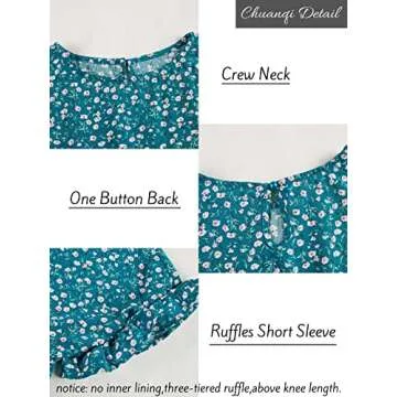 Chuanqi Womens Ruffles Boho Floral Printed Babydoll Loose Swing Casual Short Mini T-Shirt Dress Green