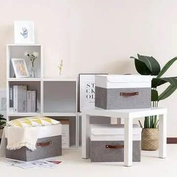 Yawinhe Collapsible Storage Bin, Cube Organizer Basket, Fabric Box with Lids, Washable and Leather H...