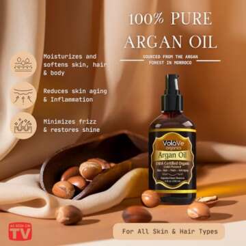 VoilaVe USDA and ECOCERT 100% Pure Organic Moroccan Argan Oil for Skin, Nails & Hair Growth, Anti-Ag...