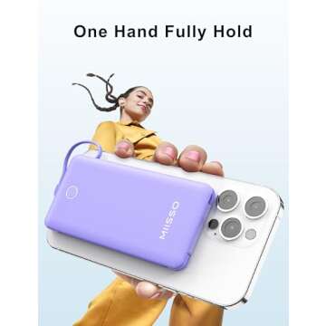 miisso 10000mAh Slim Portable Charger with Built in Cable, Power Bank Travel Charger External Battery Pack for Phone, 4 Output USB Type C Cord Clutch Charger Compatible with iPhone, Purple