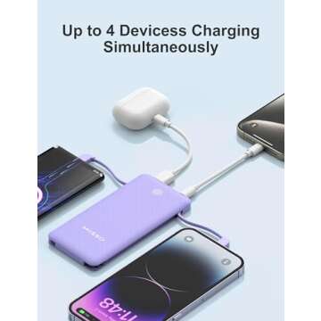 miisso 10000mAh Slim Portable Charger with Built in Cable, Power Bank Travel Charger External Battery Pack for Phone, 4 Output USB Type C Cord Clutch Charger Compatible with iPhone, Purple