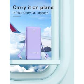 miisso 10000mAh Slim Portable Charger with Built in Cable, Power Bank Travel Charger External Battery Pack for Phone, 4 Output USB Type C Cord Clutch Charger Compatible with iPhone, Purple