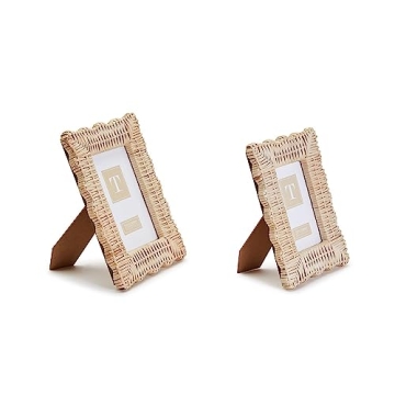 Two's Company 2-Piece 4" x 6" and 5" x 7" Rattan Photo Frame Set, Hand Woven Wicker Weave Natural Wood Rustic Boho Decor Frames