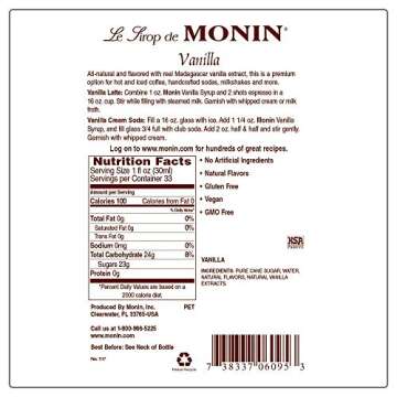 Monin Vanilla Syrup with BPA Free Pump | Perfect for Coffee, Shakes, Cocktails, 1 Liter