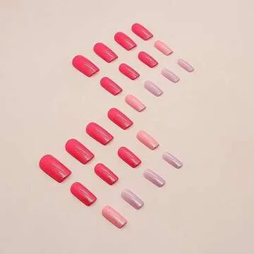 Hot Pink Press on Nails Medium Square SWEKKE Summer Fake Nails Flash Pink Full Cover False Nails with Nail Glue Glitter Glossy Glue on Nails Acrylic Nails Artificial Nails for Women Girls 24Pcs