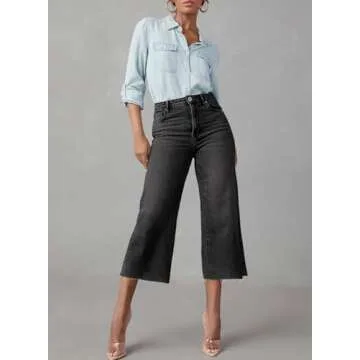 Sidefeel Women's Wide Leg Jeans High Waisted Zimbaplatinum Stretchy Loose Trendy Summer Capri Denim Pants with Pocket Black Size 6