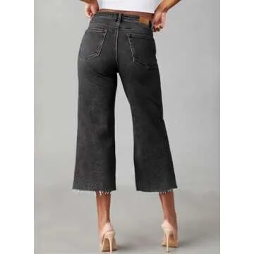Sidefeel Women's Wide Leg Jeans High Waisted Zimbaplatinum Stretchy Loose Trendy Summer Capri Denim Pants with Pocket Black Size 6