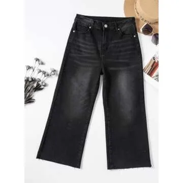 Sidefeel Women's Wide Leg Jeans High Waisted Zimbaplatinum Stretchy Loose Trendy Summer Capri Denim Pants with Pocket Black Size 6