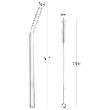 ALINK Glass Smoothie Straws, Reusable Clear Bent 9 in X 10 mm Drinking Straws, Set of 4 with Cleaning Brush