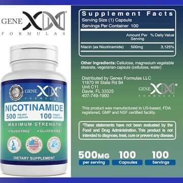 Genex Formulas - Nicotinamide 500mg Vitamin B3 Flush Free Niacin Capsules for Healthy Skin - Niacinamide Supplement Pills Help Produce Keratin & Support Skin Cell Health & Energy - (100 Capsules)