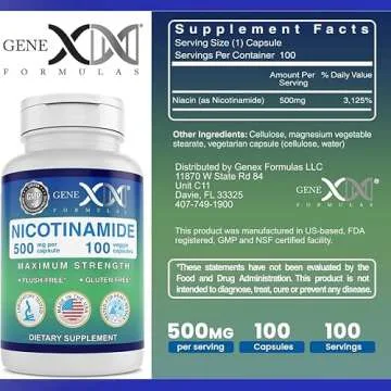 Genex Formulas - Nicotinamide 500mg Vitamin B3 Flush Free Niacin Capsules for Healthy Skin - Niacinamide Supplement Pills Help Produce Keratin & Support Skin Cell Health & Energy - (100 Capsules)