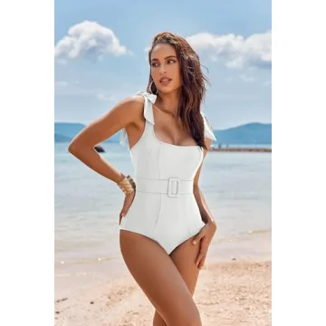 AI'MAGE Womens White Swimsuit One Piece Monokini High Waisted Beach Swimsuit Bathing Suits with Belt, L