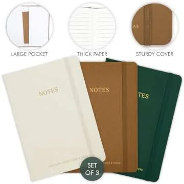 ZICOTO Aesthetic Journal Set Of 3 - Premium Linen Cover, College Ruled 8x5.7 Notebooks With Large Pockets - Ideal For Staying Organized At Work Or School