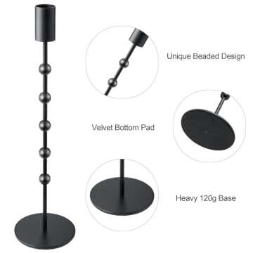 Black Candlestick Holders, Beaded Metal Taper Candlestick Holders Set of 3 for Wedding Decorations, Dining Table Centerpiece, Vintage Pillar Candle Sticks Holder Table Decor for Farmhouse Gift
