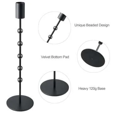 Black Candlestick Holders, Beaded Metal Taper Candlestick Holders Set of 3 for Wedding Decorations, Dining Table Centerpiece, Vintage Pillar Candle Sticks Holder Table Decor for Farmhouse Gift