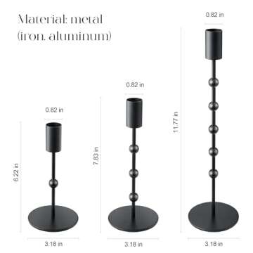 Black Candlestick Holders, Beaded Metal Taper Candlestick Holders Set of 3 for Wedding Decorations, Dining Table Centerpiece, Vintage Pillar Candle Sticks Holder Table Decor for Farmhouse Gift