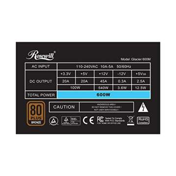 ROSEWILL Computer Modular Power Supply / PSU, GLACIER Series 600 Watt 80 PLUS Bronze Certified PSU with Silent 135mm Fan with Auto Fan Speed Control, 3 Year Warranty