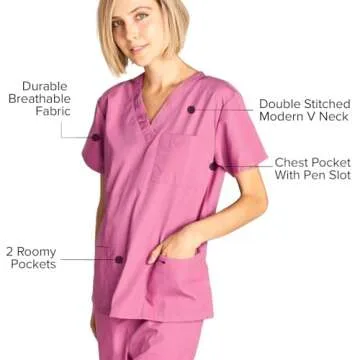 Dagacci Medical Uniform Womens Medical Scrub Set Shirt Top and Pant, Rose_pink, X-Large, Short Sleeve
