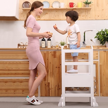 UNICOO- Height Adjustable Kids Learning Stool, Kids Kitchen Step Stool, with Safety Rail-Solid Hardw...