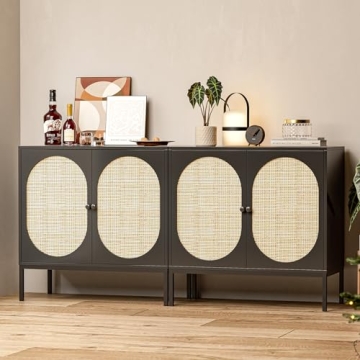 IKIFLY Rattan Storage Cabinet Set of 2 - Handmade Natural Rattan Door, Buffet Cabinet Console for Ki...