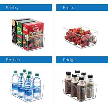Set Of 4 Clear Refrigerator Pantry Organizer Bins Household Plastic Food Storage Basket with Handles for Kitchen, Countertops, Cabinets, Refrigerator, Freezer, Bedrooms, Bathrooms