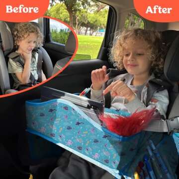 PILLANI Kids Travel Tray for Car - Car Seat Tray for Kids Travel, Road Trip Essentials Must Haves - Carseat Table Roadtrip Activities - Toddler Lap Desk Organizer for Airplane - Kids Travel Essentials